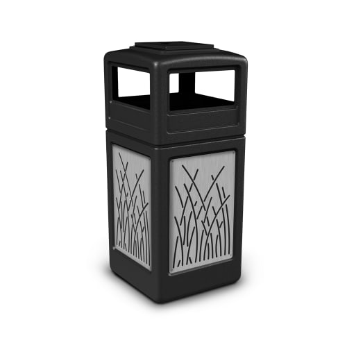 Commercial Zone® 42 Gallon Trash Container, Stainless Steel Panels, Reed, Ashtray Lid, Black